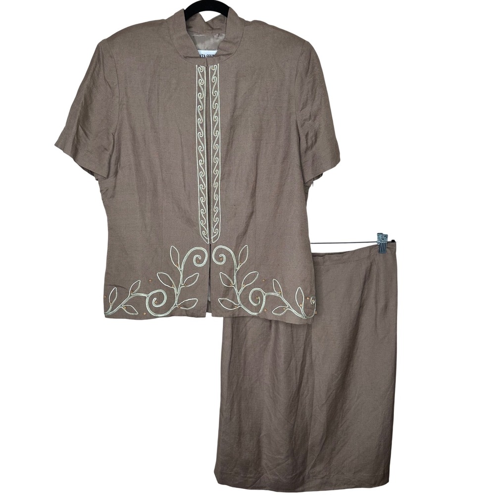 Plaza South 90s 2‎ Piece Linen Rayon Embroidered Skirt Suit Short Sleeve Size 16